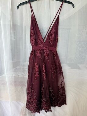 Lulu's Burgundy Lace Embroidered V-Neck Spaghetti Strap Mini Dress
